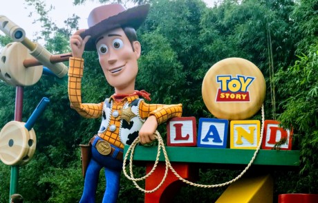 Gigantic Woody doll welcoming guests to the new Toy Story land in Disney's Hollywood Studios theme park.