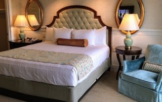 Hotel room with deluxe furnishings.