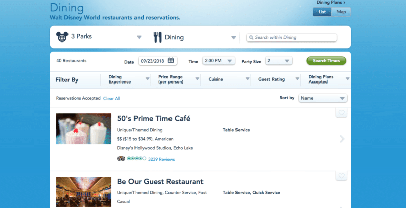 Disney dining screenshot