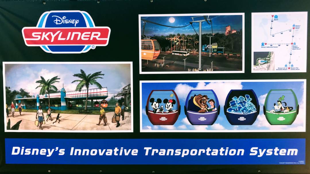 A sign found at Hollywood Studios entrance displaying artist renderings of Disney's Skyliner to open in September 2019